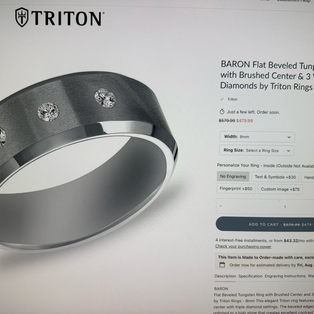 💟Triton Men's Silver Baron Tungsten Ring with Diamonds